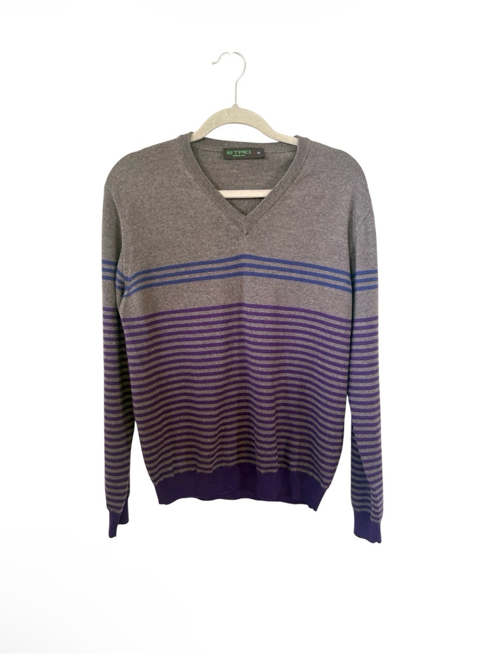 Etro Laine wool  V-Neck Sweater with Purple & Blue Stripes